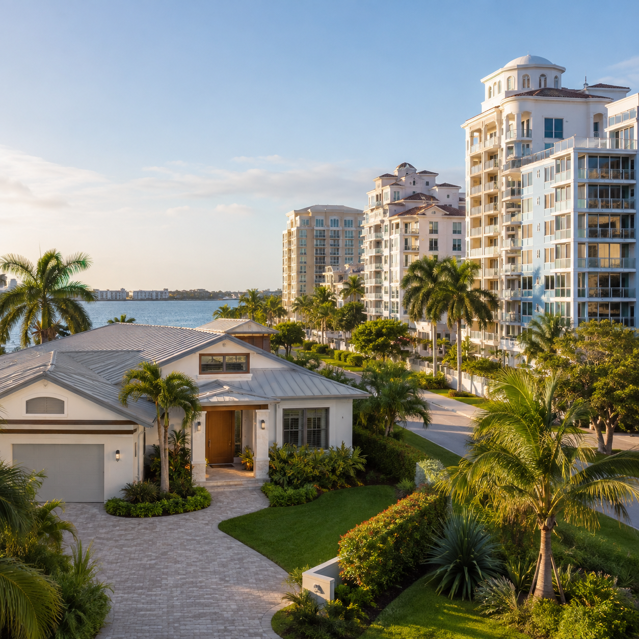 Sarasota single-family home and waterfront condominiums representing two different Southwest Florida real estate markets